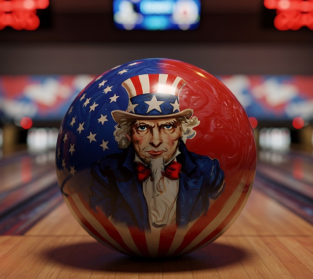 Boule de bowling Uncle Sam au regard sévère, décorée aux couleurs du drapeau américain étoiles et rayures, sur une piste en bois.