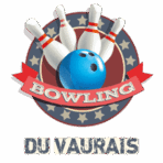 Logo vintage de bowling : cinq quilles blanches, une boule bleue, ruban rouge "BOWLING" et texte "DU VAURAIS". Style rétro sportif.