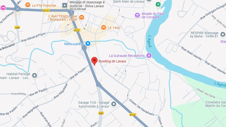 Bowling de Lavaur : carte, adresses et commerces à proximité Carte routière de Lavaur centrée sur le Bowling de Lavaur, avec la rivière L'Agout, la D112, Netto Lavaur et divers commerces et rues.