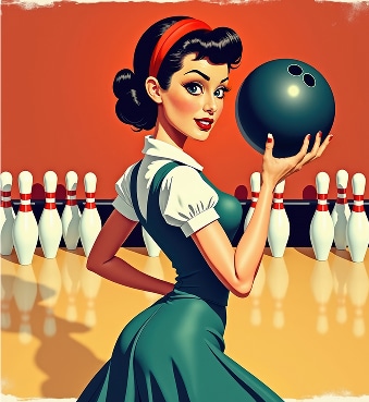 Pin-up Bowling : Style Rétro des Années 50 et Coup Parfait Femme pin-up style années 50 en robe verte, tenant une boule de bowling. Regard confiant, quilles alignées.