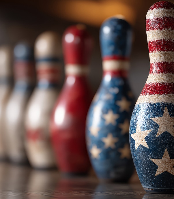 Quilles de Bowling Drapeau Américain : L'Esprit USA Une rangée de quilles de bowling, la première en gros plan avec un motif drapeau américain : étoiles dorées sur bleu, rayures rouges et blanches.