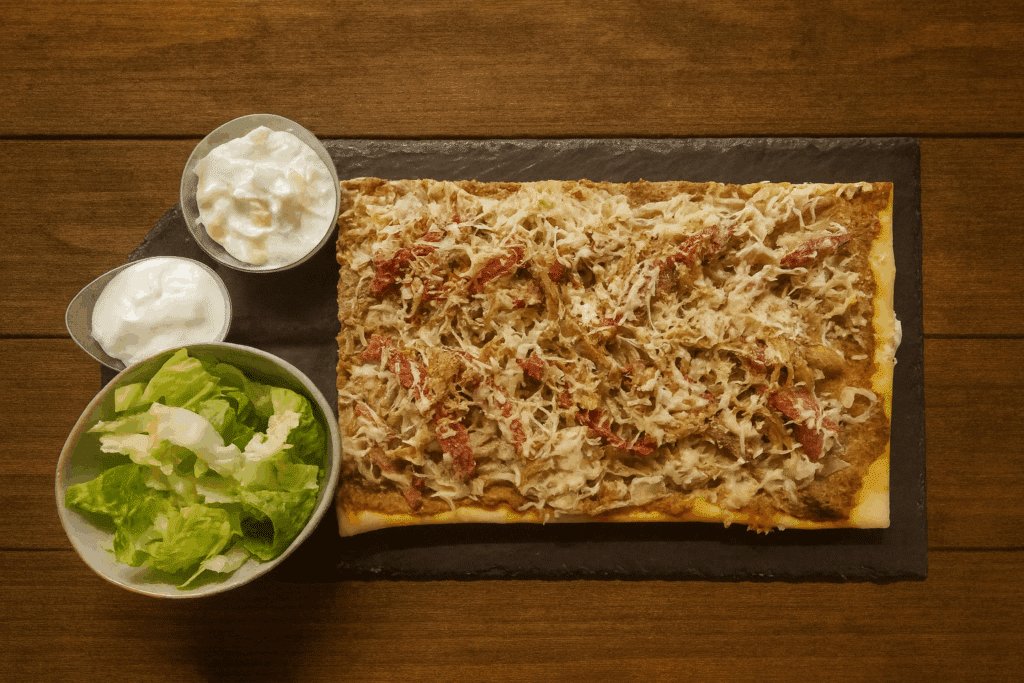 Flammekueche gourmande aux lardons et fromage Flammekueche rectangulaire aux lardons et fromage, sur ardoise. Accompagnée de salade verte et deux sauces blanches sur table en bois.