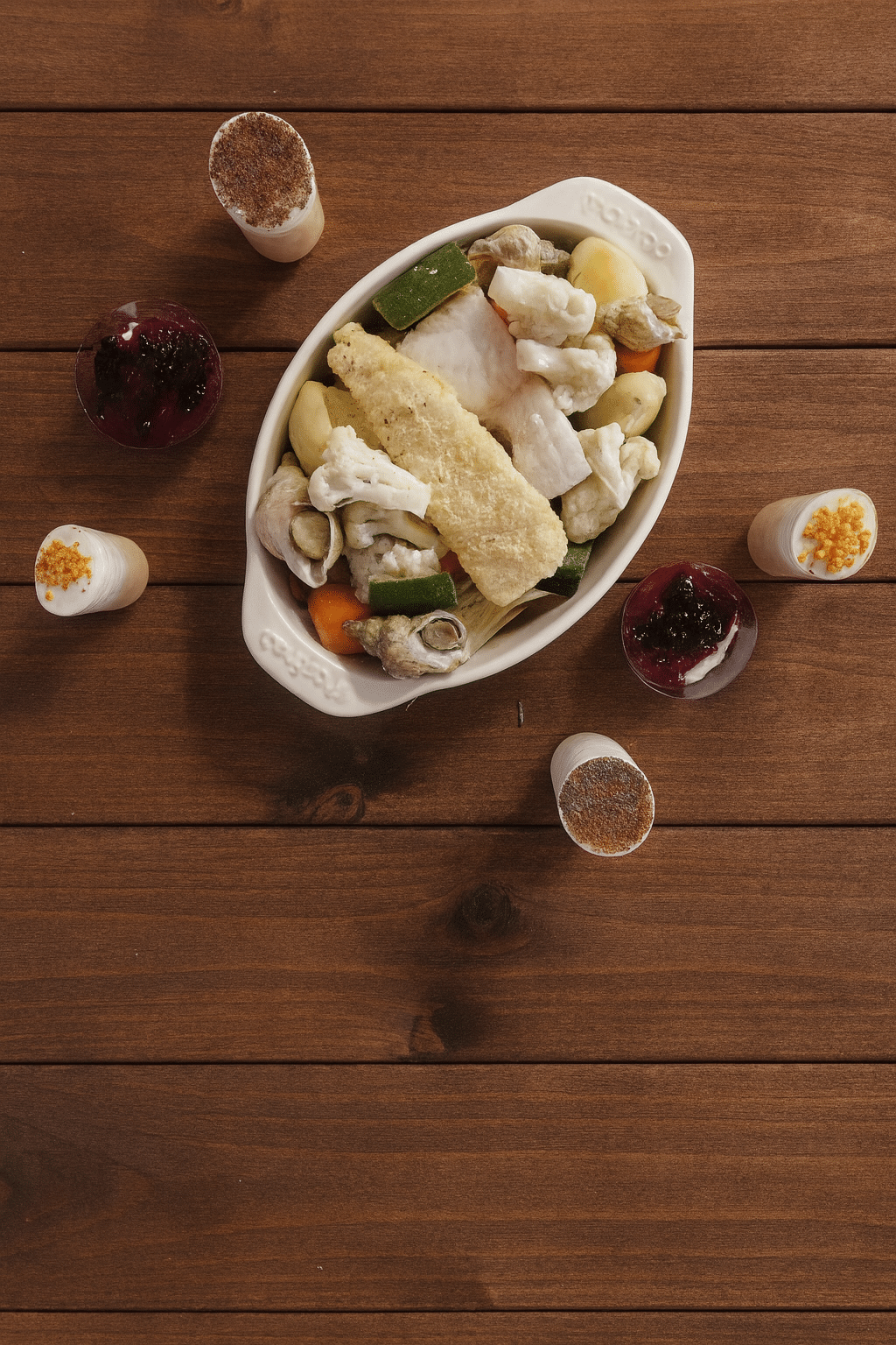 Plat de poisson, légumes variés et desserts sur table en bois Plat ovale de poisson pané, poisson blanc, légumes (pommes de terre, chou-fleur, courgette), coquillages sur table en bois. Deux desserts baies et ornements.