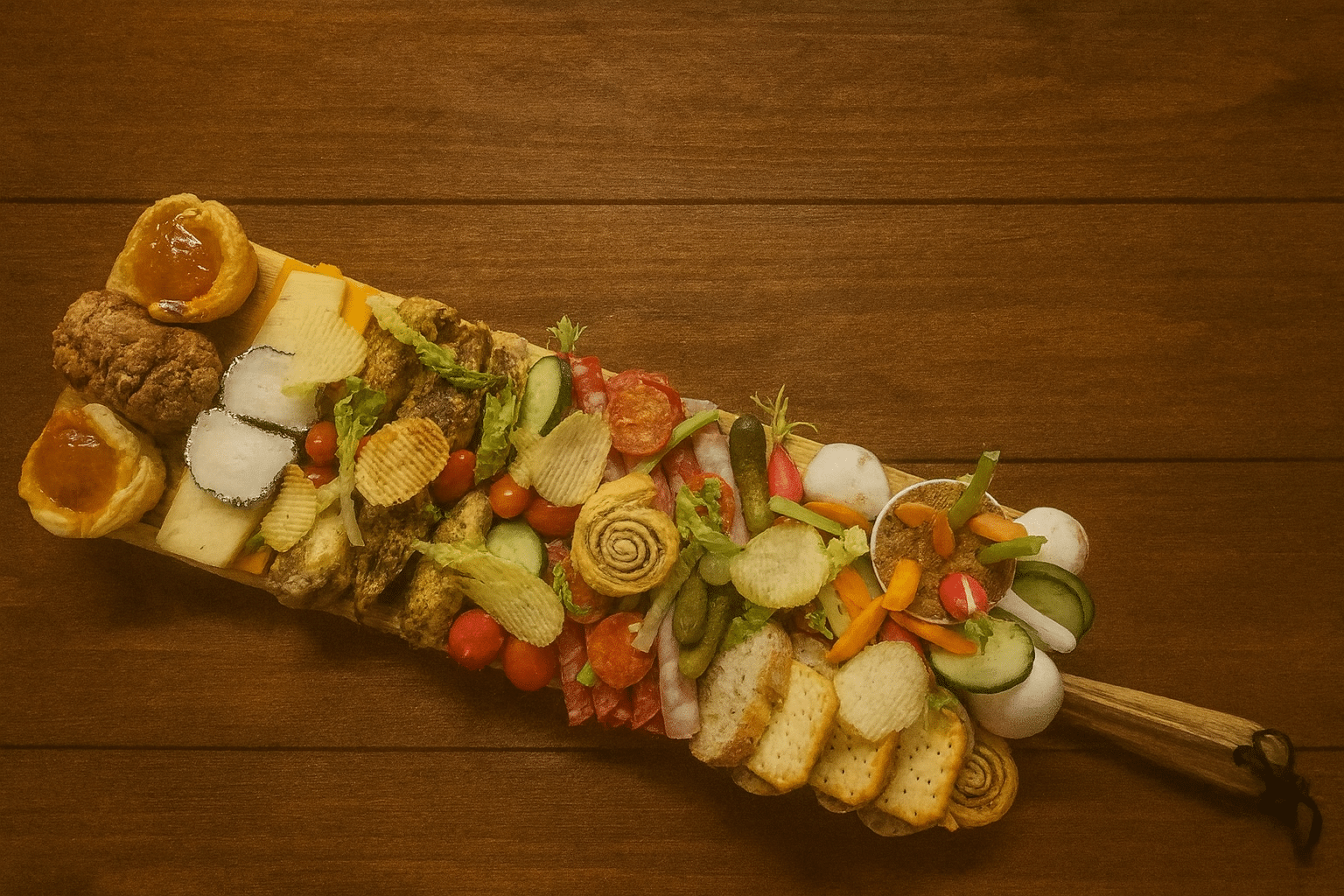 Plateau apéritif gourmand : charcuterie, fromages, crudités Plateau apéritif en bois garni de charcuterie, fromages, chips, crudités, pains, crackers, mini-pâtisseries à la confiture et un dip.