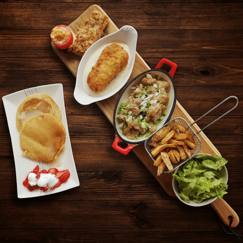 Brunch copieux : poulet frit, escalope, frites et crêpes Assortiment de petit-déjeuner ou brunch : escalope panée, poulet frit, frites, salade, crêpes aux fraises et crème sur planche en bois.