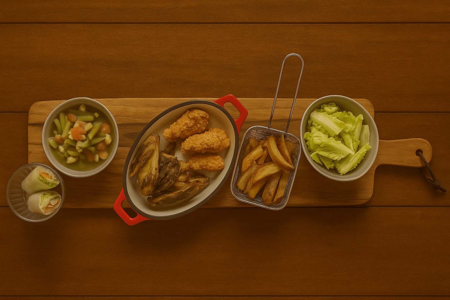 Poulet Frit, Frites et Légumes sur Planche Repas varié sur planche de bois : poulet frit, quartiers de pommes de terre, soupe de légumes, salade et rouleaux de printemps.