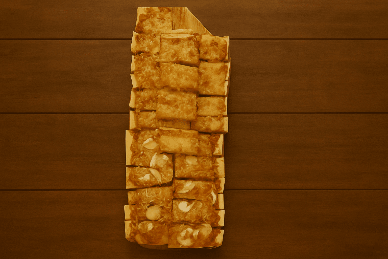 Tofu Grillé Asiatique aux Noix sur Bois Carrés dorés de plat asiatique, probablement du tofu grillé ou un dessert aux noix de cajou, présentés sur une planche en bois sur fond brun.